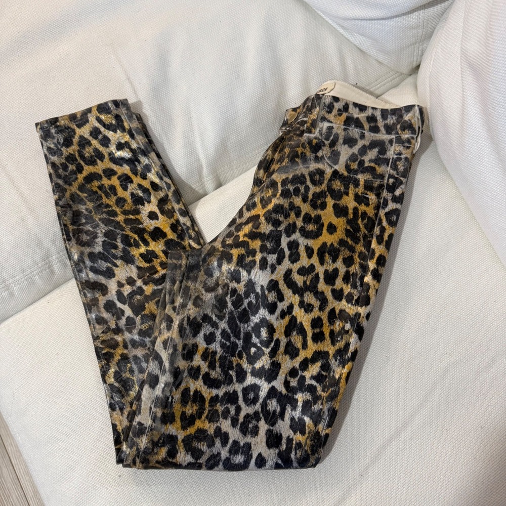 $295 L'Agence Margot Skinny High Rise Gold Leopard Foil Coated Jeans Pants Ankle - Picture 11 of 16